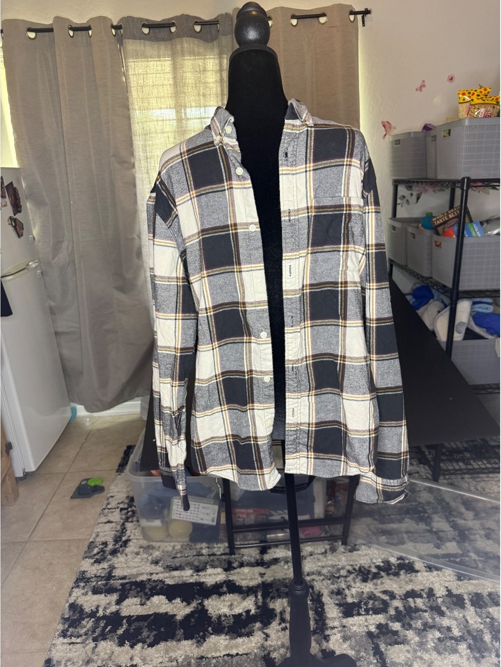 Men's Black and White Plaid Button-Up Shirt